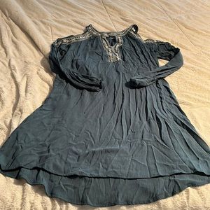 Cute teal dress with high neck - keyhole - cold shoulders - above the knee dress